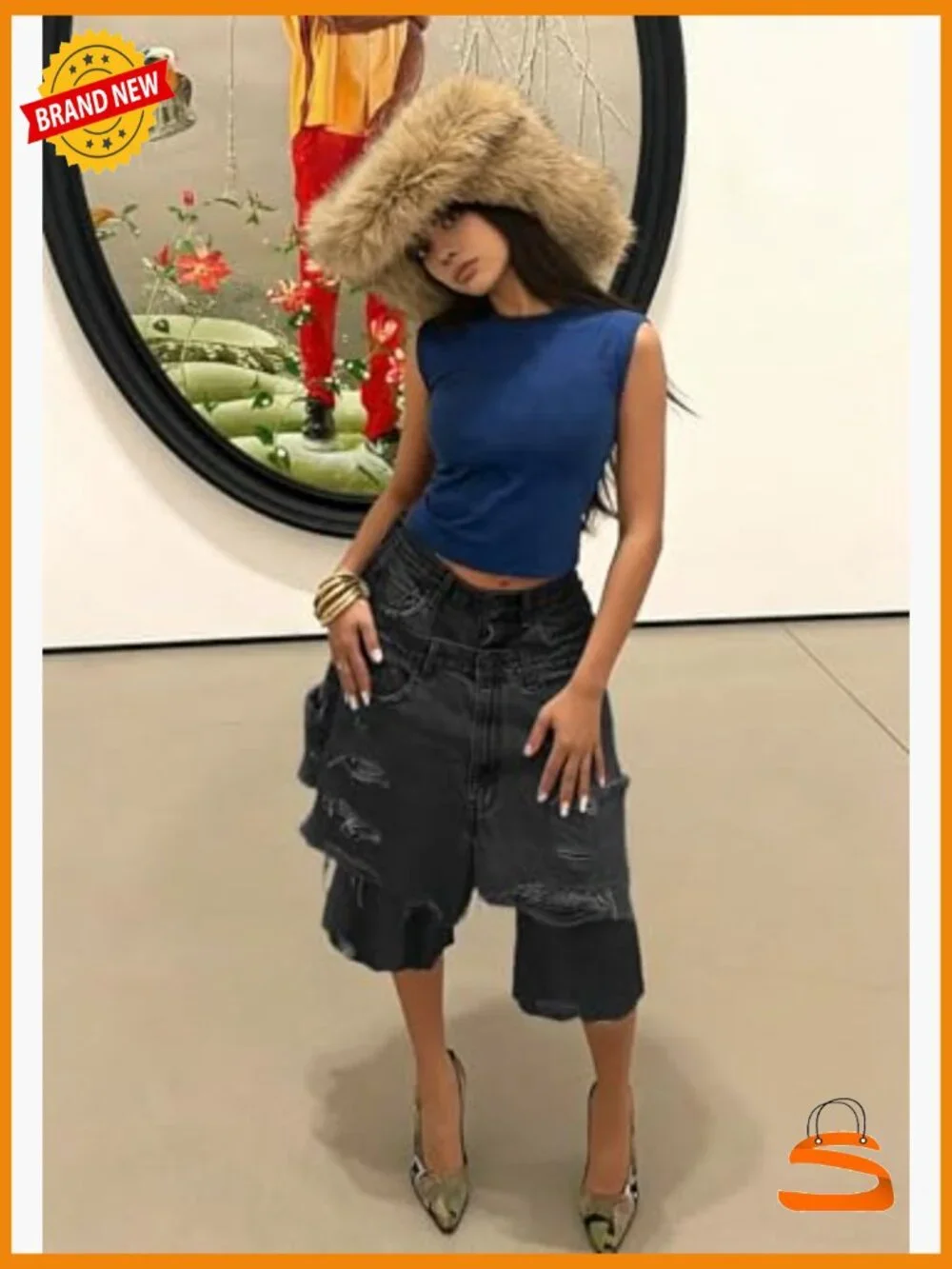 Baggy High Waist Ripped Denim Shorts Y2K Cargo Jorts Double Waist Patchwork